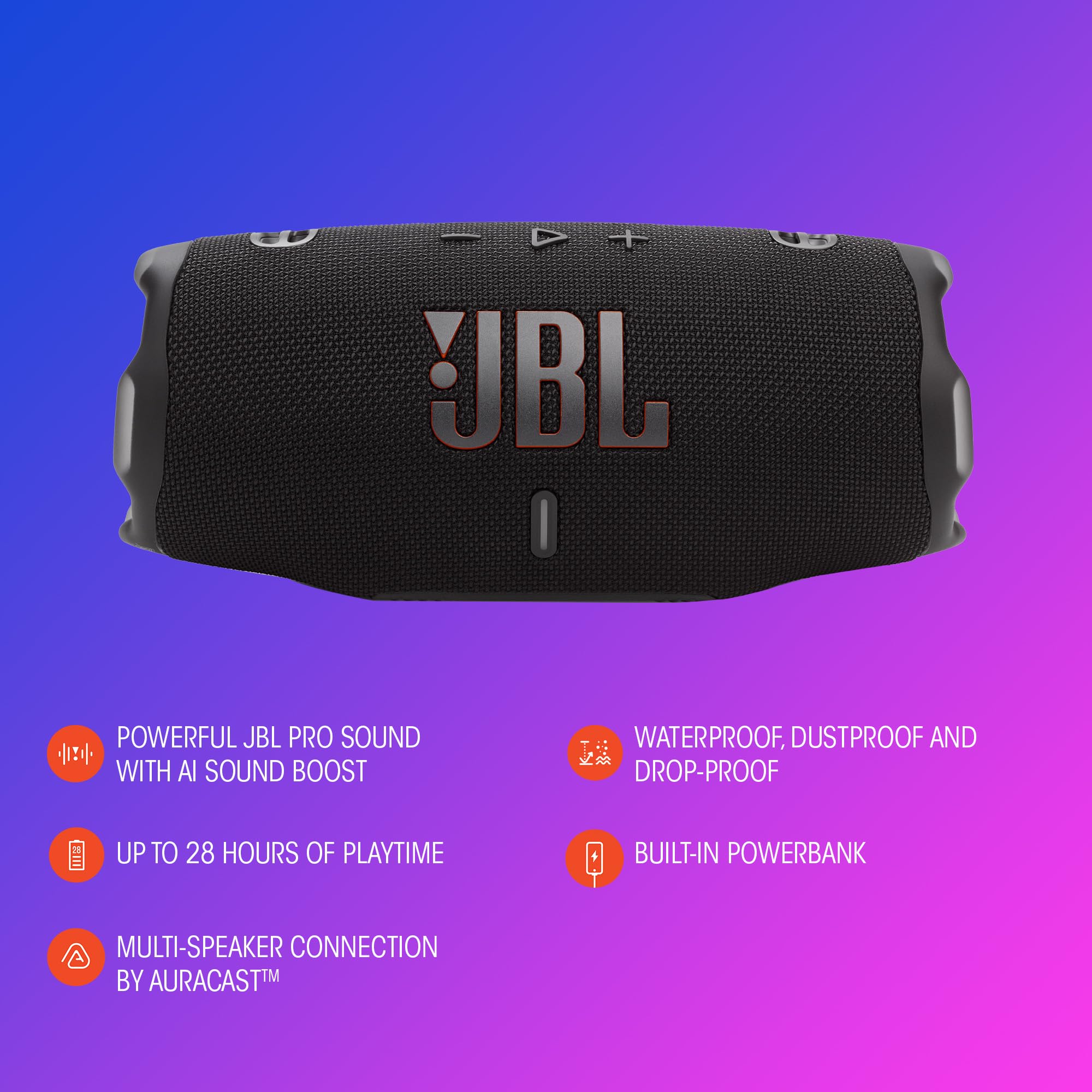 JBL Charge 6 Portable Bluetooth Speaker, Waterproof, Drop-Proof - Black