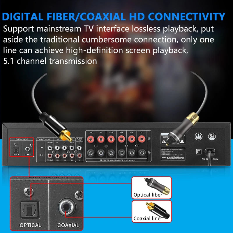 5.1 Home Theater Audio Power Amplifier 6-Channel Hi-Fi BT AV Karaoke Subwoofer Metal Shell 4ohm & 8ohm Impedance