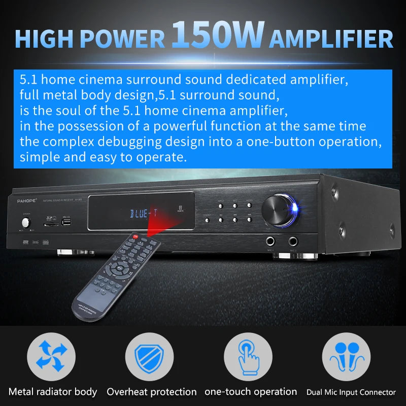 5.1 Home Theater System Amplifier, 6-channel Hi-Fi BT AV Karaoke Subwoofer Audio Power Amplifier