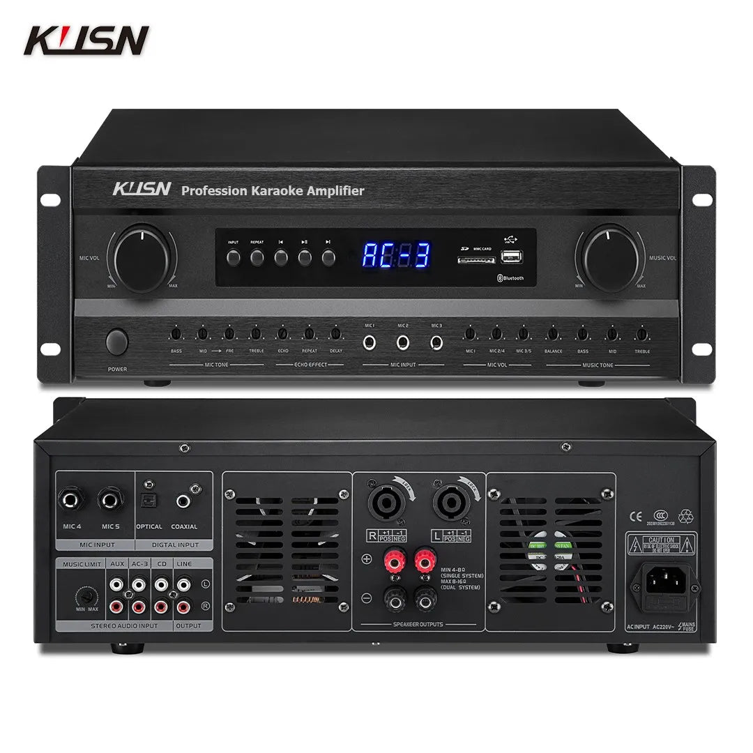 100W+100W Professional Digital Karaoke Power Amplifier  8 Ohm Sound DSP Feedback Suppression PA System with USB Bluetooth