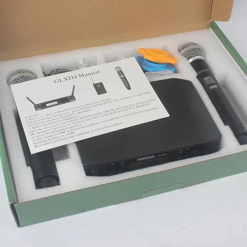 Shure GLXD4 Wireless Receiver with dual SM58 Handheld Microphones. UHF, Dynamic Professional Karaoke Microphone System - Frequency Range: 640~690Mhz